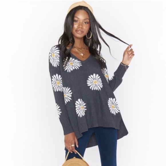 Show Me Your MuMu Black V-Neck Sweater with White Daisy Pattern - Picture 1 of 6
